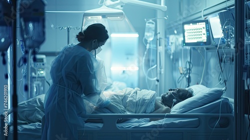 Image of professional doctor checking up a patient in hospital ward. Healthcare concept.