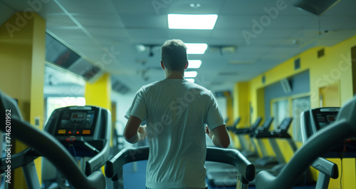 back view of a Man running on treadmill in gym, exercise for healthy lifestyle concept, health fitness routine