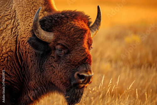 A close-up portrait of a majestic bison in the golden steppe