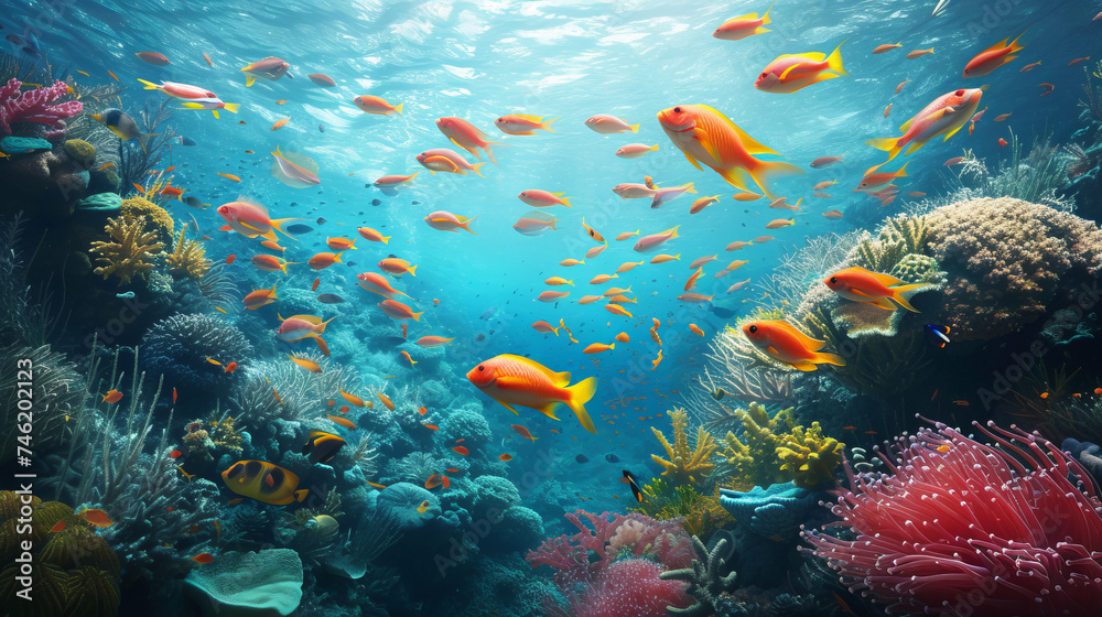 Naklejka premium An underwater scene showcasing a school of vibrant fish, coral reefs, and marine life, illustrating the diversity and grace of wildlife in oceanic habitats, AI Generative