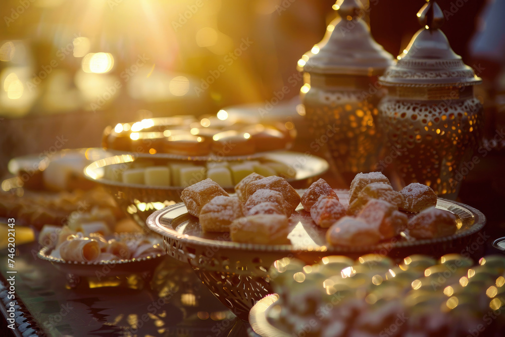 Delicate sweets and dates ready for iftar, bathed in sunset light