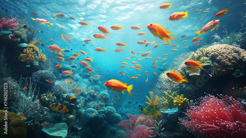 An underwater scene showcasing a school of vibrant fish, coral reefs, and marine life, illustrating the diversity and grace of wildlife in oceanic habitats, AI Generative