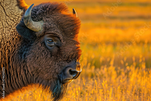 A close-up portrait of a majestic bison in the golden steppe