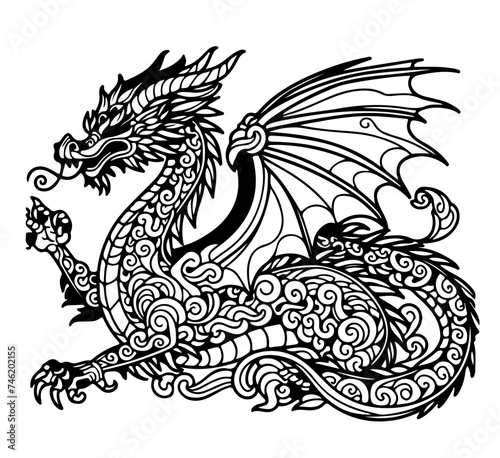 Dragon - coloring book for adults and children, detailed, antistress
