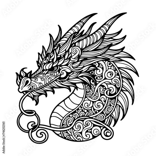 Dragon head - coloring book for adults and children, detailed, antistress