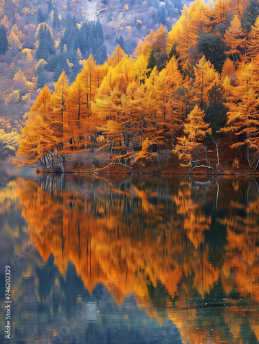 Autumn scenery of Jiuzhaigou Scenic Area, Sichuan, China,created with Generative AI tecnology. photo