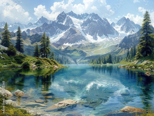 A detailed hyper-realistic painting featuring an alpine lake surrounded by towering mountains. © Sasha Cine