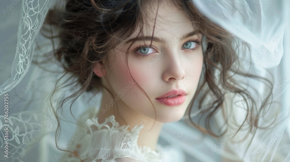 Delicate touch, young woman's portrait, isolated elegance on white, high-resolution, serene beauty highlighted, soft natural light AI Generative