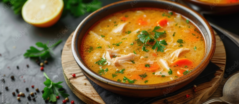 A delicious homemade soup with lemon and chicken served in a bowl placed on a wooden board. A delicious homemade soup with lemon and chicken served in a bowl placed on a wooden board.