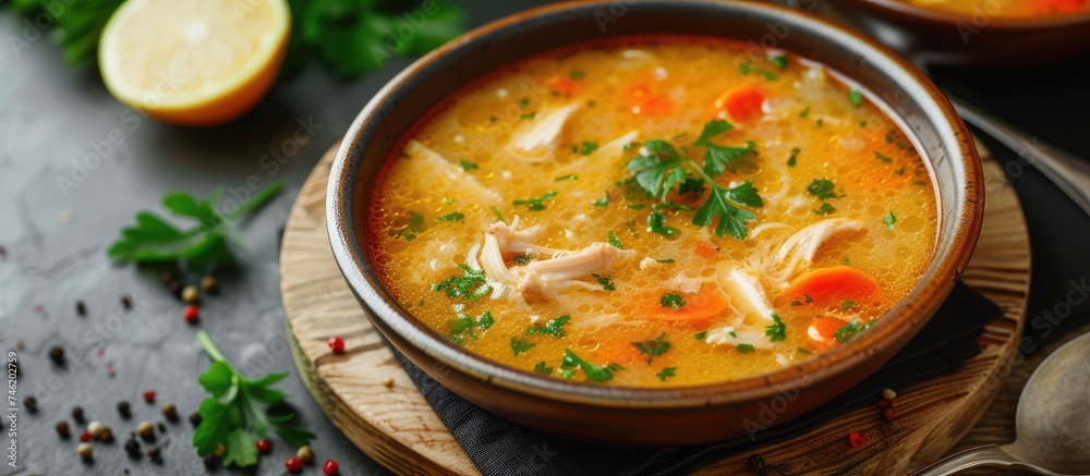 A delicious homemade soup with lemon and chicken served in a bowl placed on a wooden board.