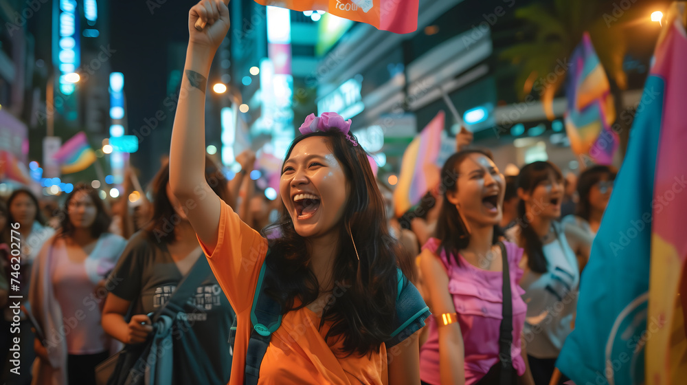 Group of happy Asian women are marching with raising rainbow flags at night. Background for the women's day presentation.