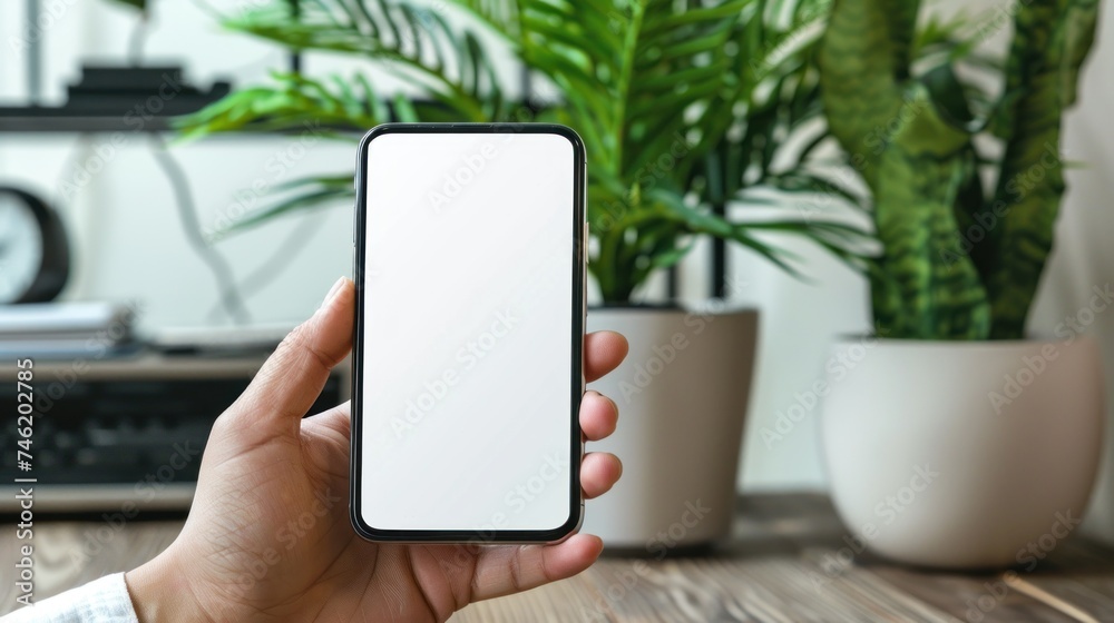 Hands on mobile phone, on screen there is a blank white, in office. Generative AI. Hands on mobile phone, on screen there is a blank white, in office. Generative AI.