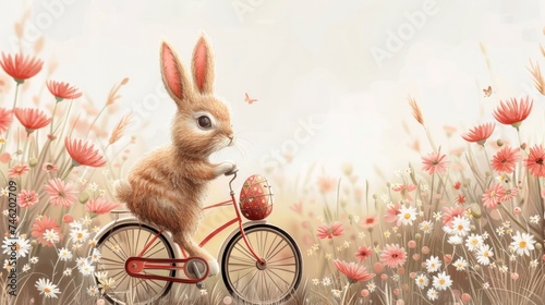 Cute rabbit with egg on bicycle, festive Easter illustration, joyous celebration, creative and playful, AI Generative