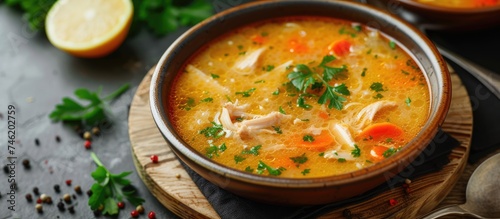 A delicious homemade soup with lemon and chicken served in a bowl placed on a wooden board.