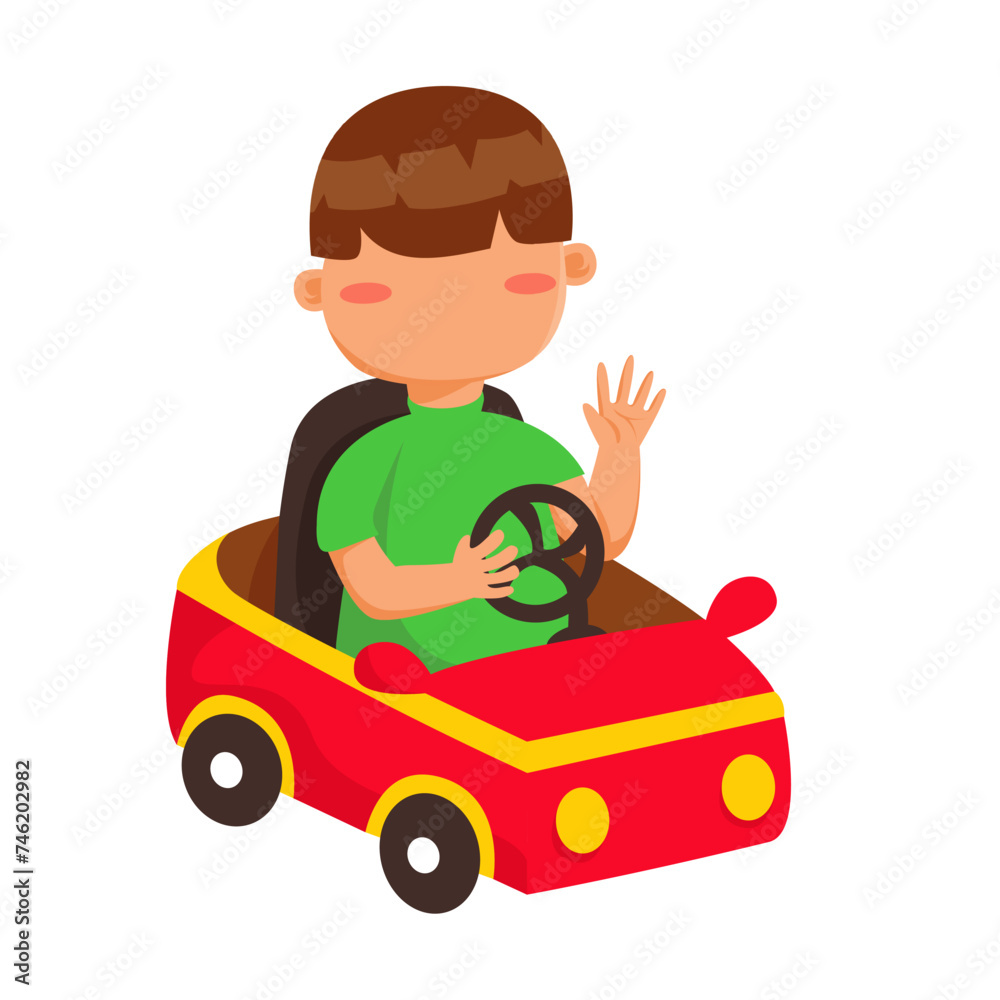 Happy kid with car faceless character in flat illustrations