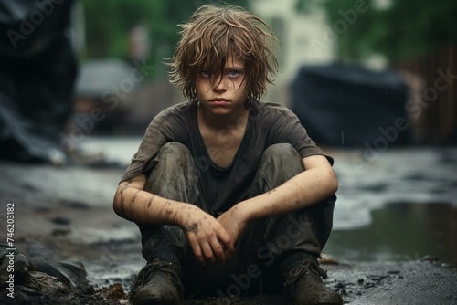 Dejected Sad boy living in poverty at village street. Kid sitting at empty street. Generate ai photo
