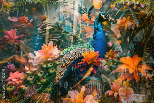 A proud peacock blended with the vibrant hues of a tropical garden in a double exposure © PinkiePie