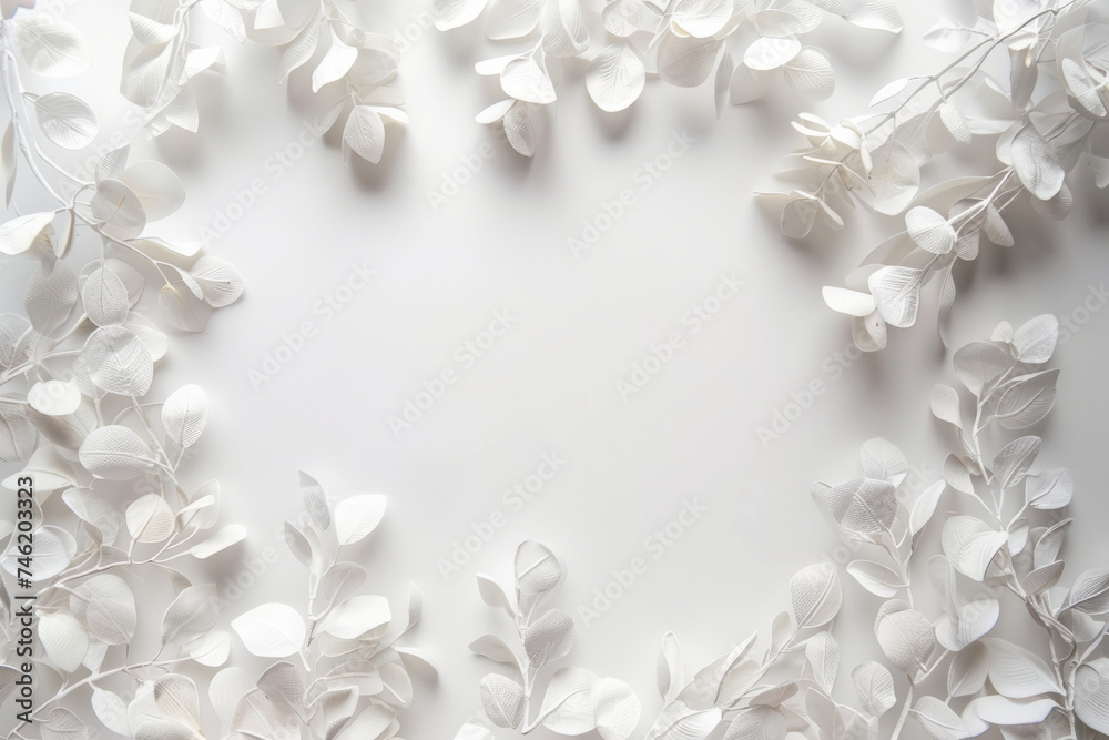 Overhead flat lay view of white eucalyptus leaves in a frame around a blank space for text Overhead flat lay view of white eucalyptus leaves in a frame around a blank space for text
