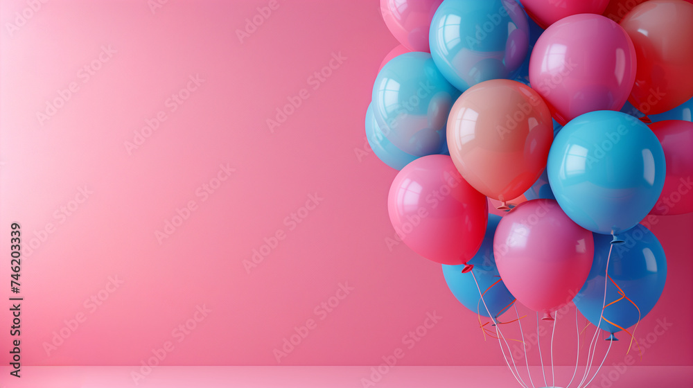 red and blue balloons on pink background, Pastel balloons on a pink background. Birthday party background, Copy space,. Flat lay style