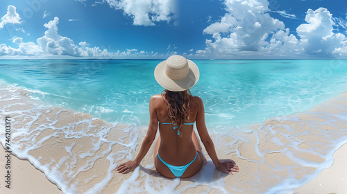 rear view at a woman sunbathing relaxing on the beach, holiday banner panoramic with copy space, female relaxing on a tropical beach with turqouse colored ocean © Fokke Baarssen