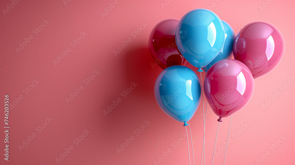 pink and blue balloons, Pastel balloons on a pink background. Birthday party background, Copy space,. pink and blue balloons, Pastel balloons on a pink background. Birthday party background, Copy space,.
