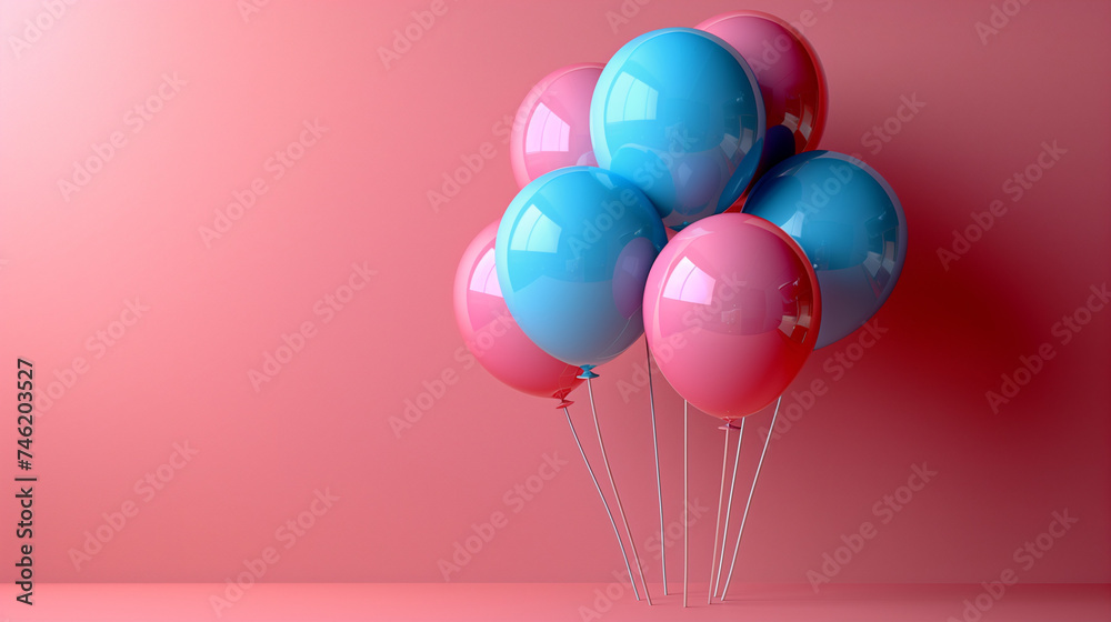 pink balloons with ribbon,Pastel balloons on a pink background. Birthday party background, Copy space,. Flat lay style