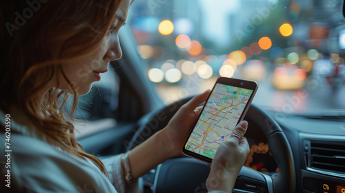 Close up hand woman using navigation or GPS on mobile smartphone. Blurred car interior background. Viewing location map photo