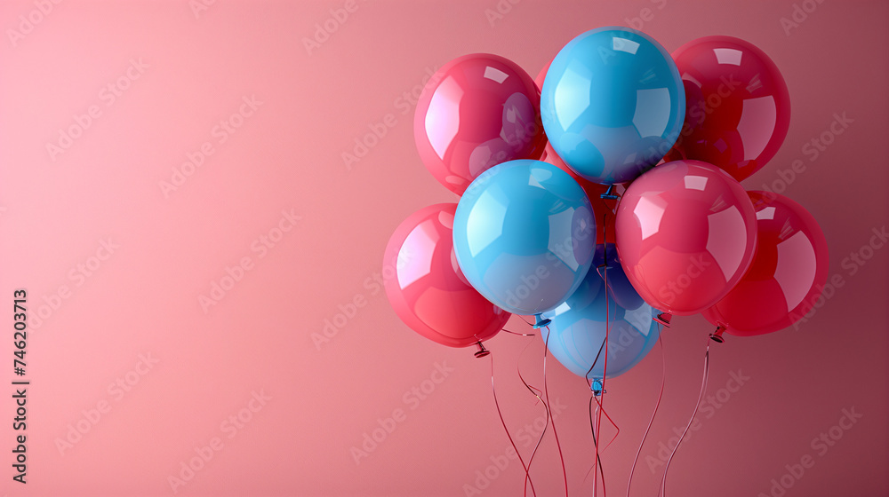 red and blue balloons, Pastel balloons on a pink background. Birthday party background, Copy space,. Flat lay style red and blue balloons, Pastel balloons on a pink background. Birthday party background, Copy space,. Flat lay style