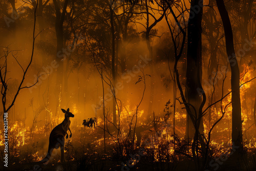 A kangaroo trying to escape a forest fire in Australia