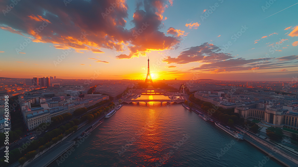 Paris aerial panorama with river Seine and Eiffel tower, France. Romantic summer holidays vacation destination. Panoramic view above historical Parisian buildings and landmarks  - obrazy, fototapety, plakaty 