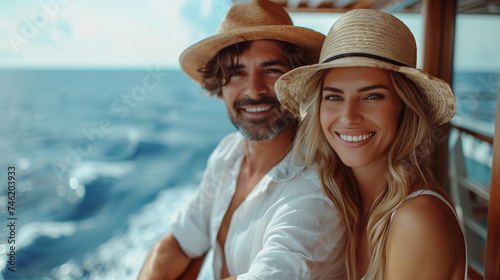couple on a wooden deck of a cruise ship, a Luxury cruise vacation, travel elegant tourist man and woman on the balcony deck of a luxury yacht, Summer vacation cruise ship, copy space © Fokke Baarssen