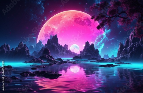 Futuristic fantasy night landscape with abstract landscape and island, moonlight, radiance, moon, neon. Dark natural scene with light reflection in water. Neon space galaxy portal. 3D illustration.