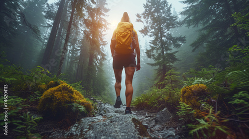 Female Hiker walking on a forest trail with camping backpacks. woman from behind hiking in autumn-fall nature woods.  tourist wearing backpacks outdoors trekking on the mountain photo