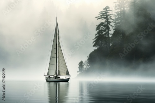 Mystical Sailboat foggy day. Medieval sail. Generate Ai