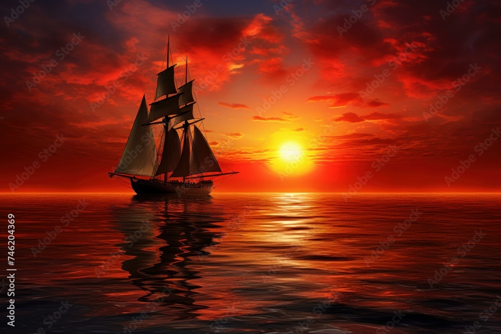 Fototapeta premium Scenic Sailboat red sunset. Ocean boat. Generate Ai