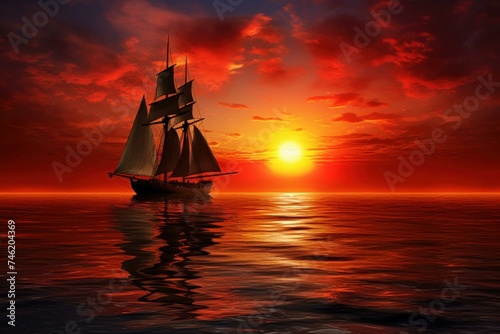Scenic Sailboat red sunset. Ocean boat. Generate Ai © juliars