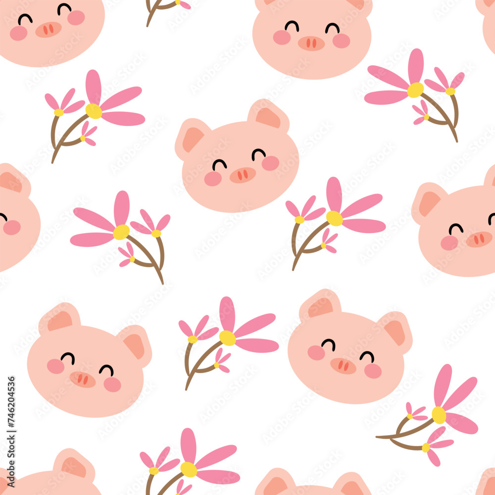 Seamless pattern with cute cartoon pink pigs and flowers for fabric print, textile, gift wrapping paper. children's colorful vector, flat style