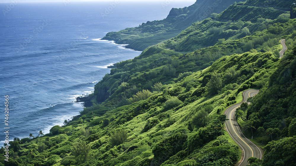 Road surrounded by green trees on the mountain by the sea, aerial view, beautiful ocean coast landscape wallpaper