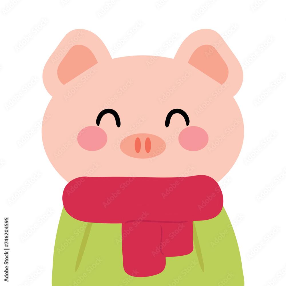 Hand drawn cartoon pig wearing a scarf and sweater. cute animal doodles Hand drawn cartoon pig wearing a scarf and sweater. cute animal doodles