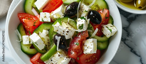 A bowl containing a complete and nutritious Greek salad with feta cheese, cucumbers, and tomatoes, perfect for a light and quick summer lunch.