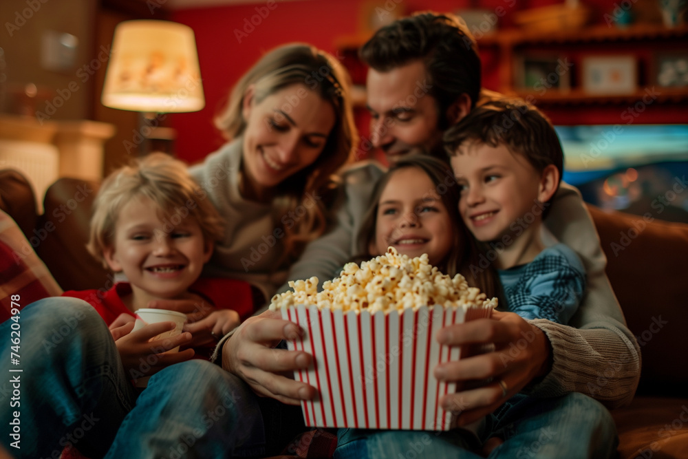 Happy family sharing popcorn during cozy movie night Happy family sharing popcorn during cozy movie night