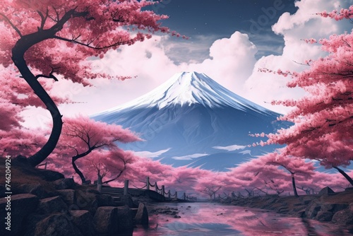 Majestic Sakura tree and big mountains. Fantasy scenery. Generate Ai