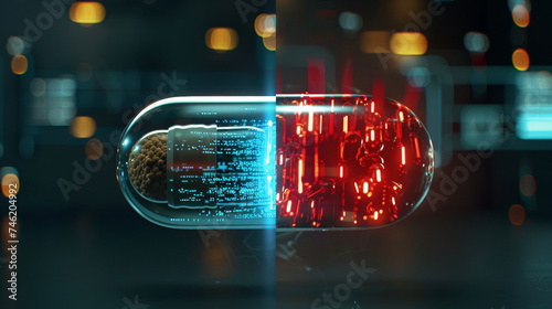 A sidebyside comparison of a regular pill and a smart pill highlighting the difference in technology and effect on the body. photo