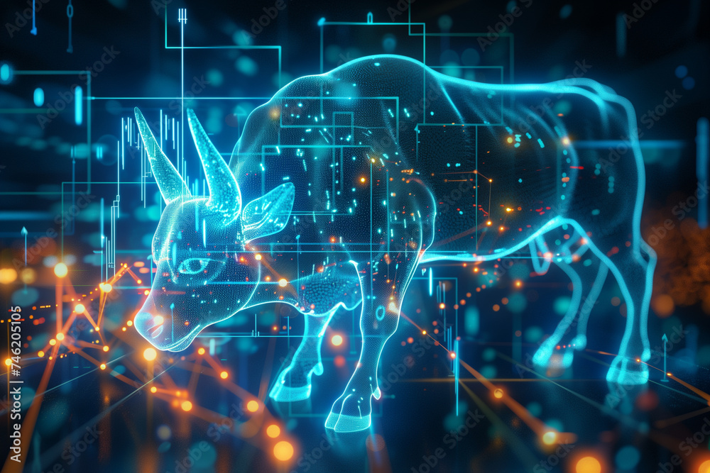 Digital illustration of a bull on a dynamic stock market background Digital illustration of a bull on a dynamic stock market background