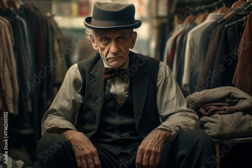 Experienced Salesman old man market. Shop drinks. Generate Ai © juliars