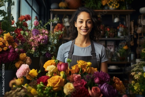 Creative Saleswoman designer flowers. Owner business apron florist girl. Generate Ai © juliars