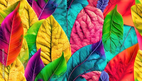A vibrant, abstract collage of leaves, with a mix of bright colors