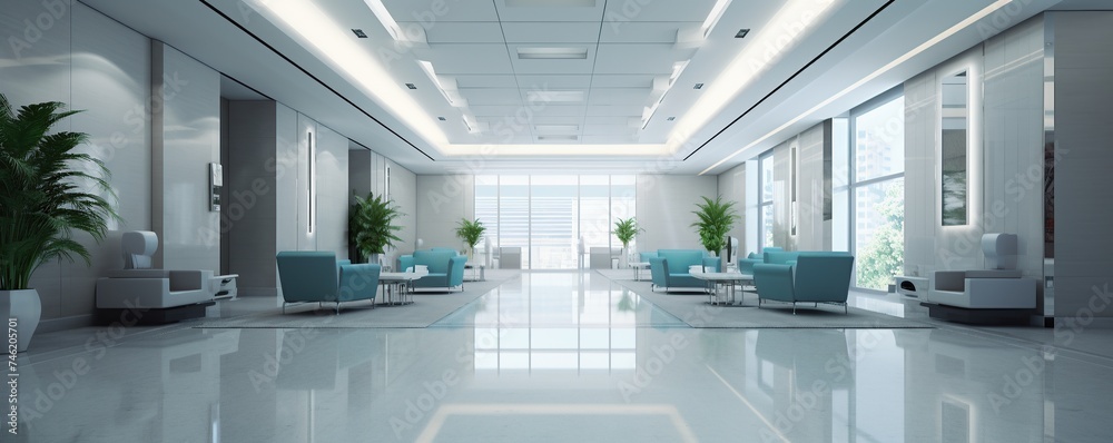 Lobby in a modern hospital or office is large and luxurious. Lobby in a modern hospital or office is large and luxurious.