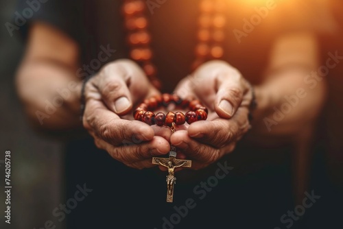 Soulful prayer: a man in quiet devotion, hands clasped around a rosary cross, seeking solace and spiritual connection, capturing the essence of serene contemplation, faith, and religious devotion.