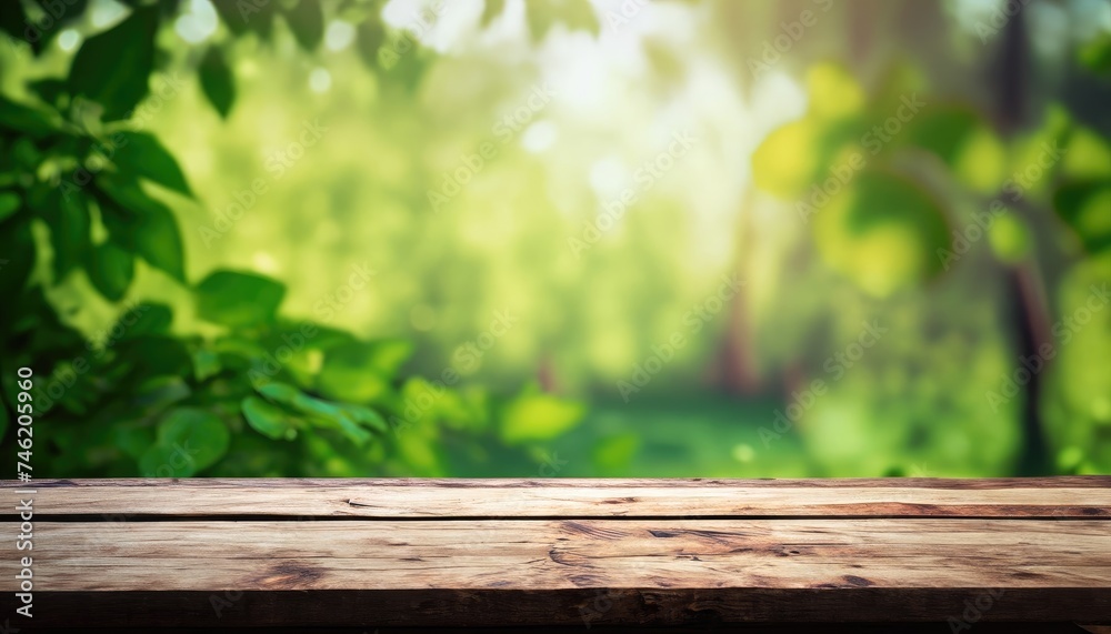 Empty rustic wooden table with defocused green lush foliage in the background Empty rustic wooden table with defocused green lush foliage in the background